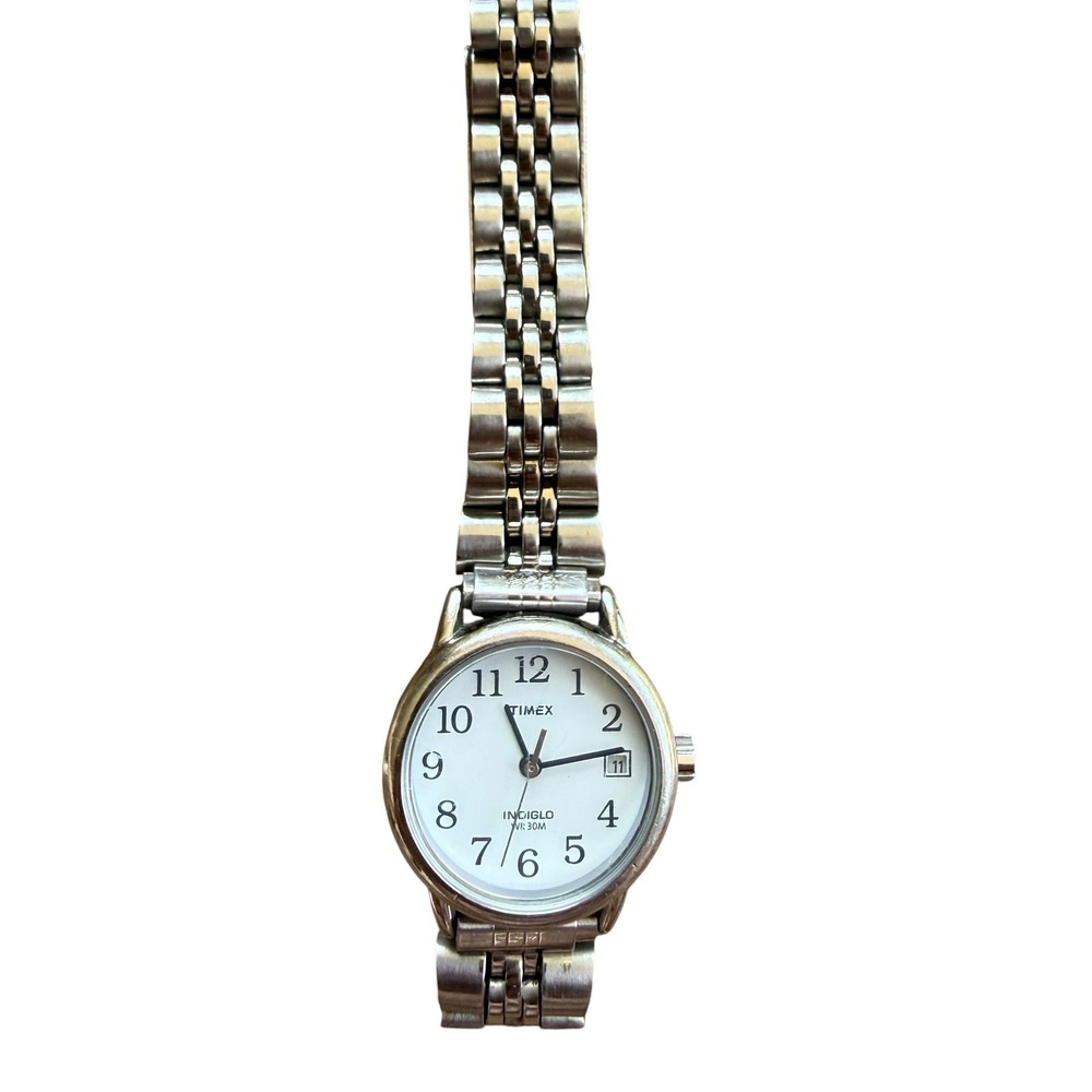 Timex Indiglo Womens Watch Silver Tone Jubilee Bracelet White Dial Date Window